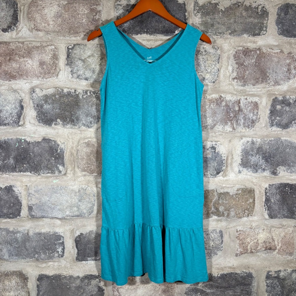 J. Jill‎ XS Teal Flounced Hem Double V-Neck Knit Sleeveless Dress Casual Summer